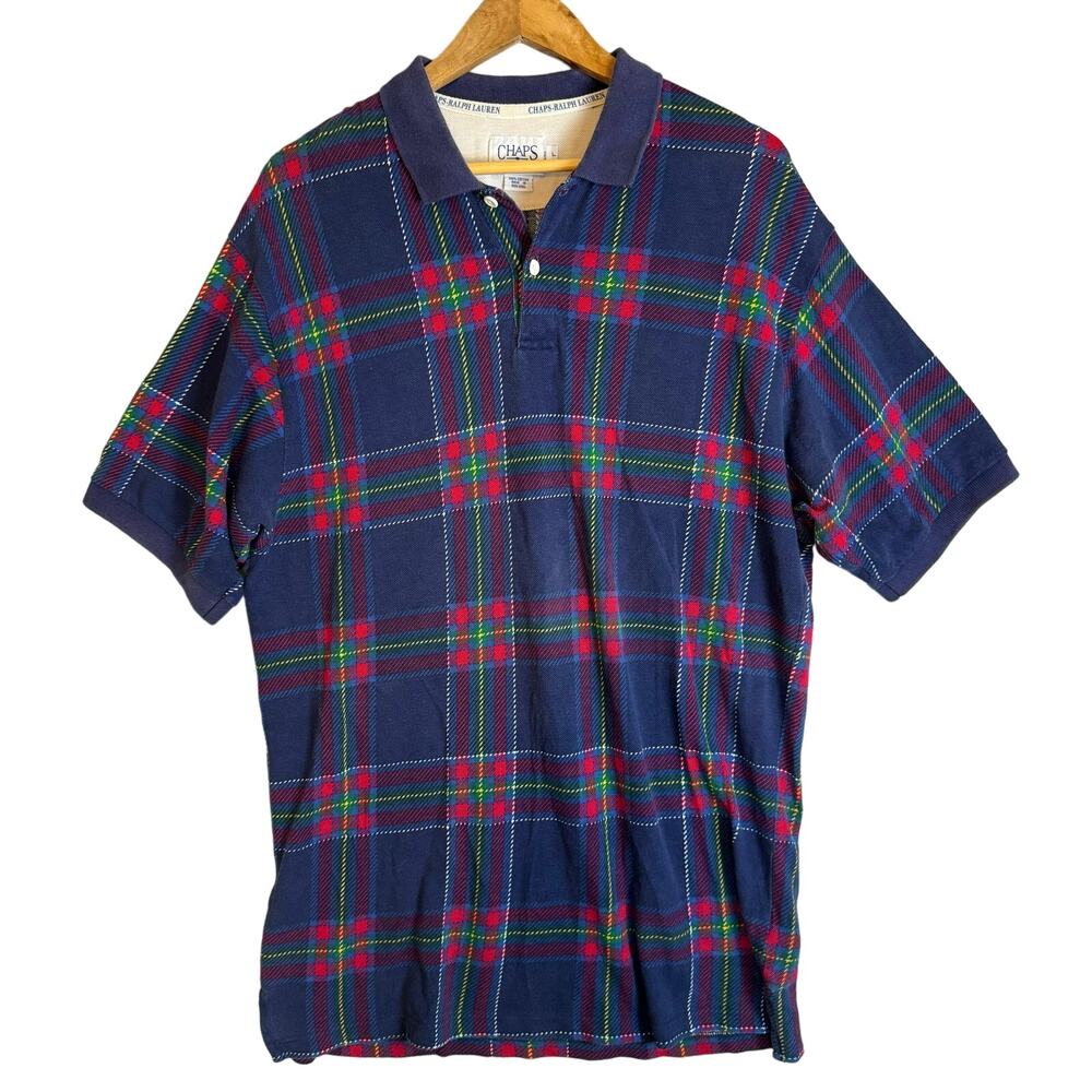 Vtg Chaps Ralph Lauren Plaid Polo Shirt Mens Large Blue Prep Core Retro Academia